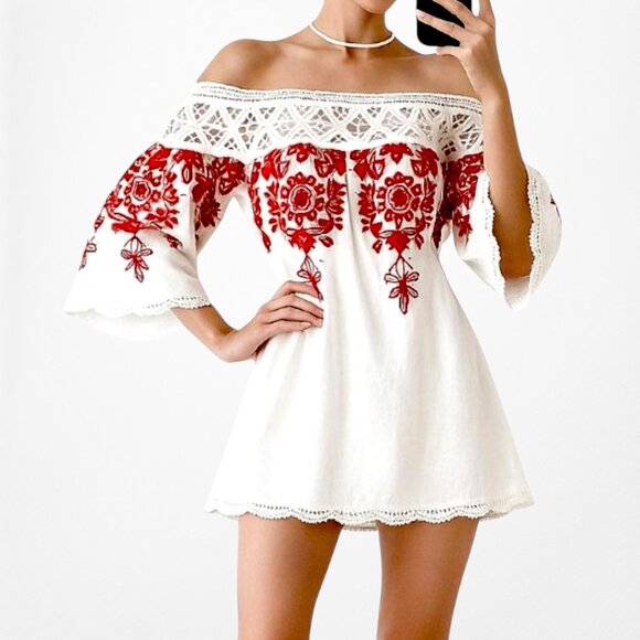 White Off The Shoulder Floral Lace Babydoll Style Cutout Blouse Top Dress Size M - Picture 1 of 6